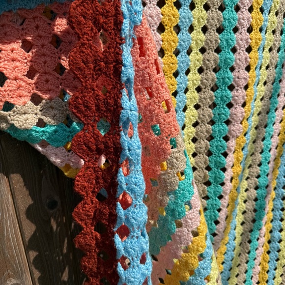Colorful Crochet Blanket with Red Trim - Picture 3 of 5
